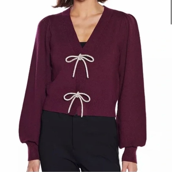 Belldini Balloon Sleeve Burgundy Cardigan Sweater with Rhinestone Bows, Sz M - Picture 9 of 11